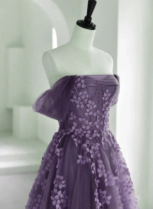 Purple A-Line Tulle With Lace Long Formal Dress, Purple Prom Dress Evening Dress TP1055
