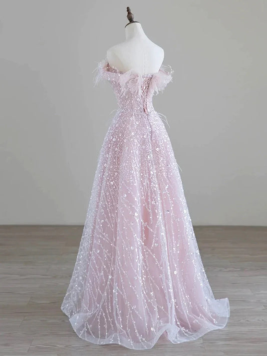 Sparkling Tulle Sequin Long Prom Dress, Off the Shoulder Pink Evening Party Dress TP267