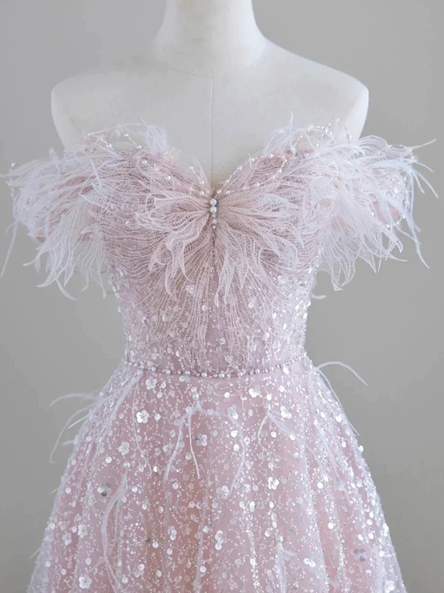 Sparkling Tulle Sequin Long Prom Dress, Off the Shoulder Pink Evening Party Dress TP267