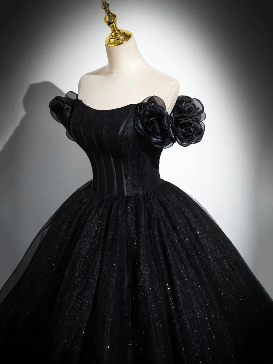 Sparkly Tulle Black Sweetheart Ball Gown, A-Line Off the Shoulder Evening Dress TP288
