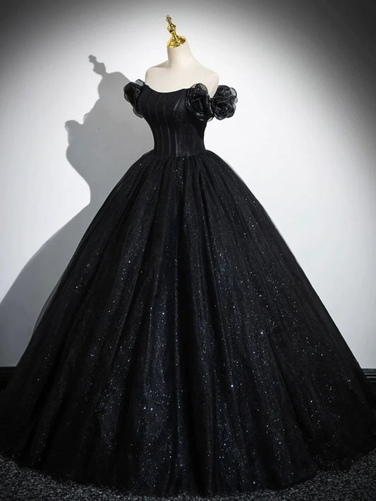 Sparkly Tulle Black Sweetheart Ball Gown, A-Line Off the Shoulder Evening Dress TP288