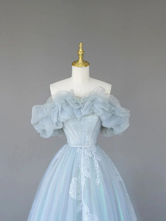 Light Blue Tulle Lace Long Prom Dress, Beautiful Off Shoulder Evening Party Dress TP303