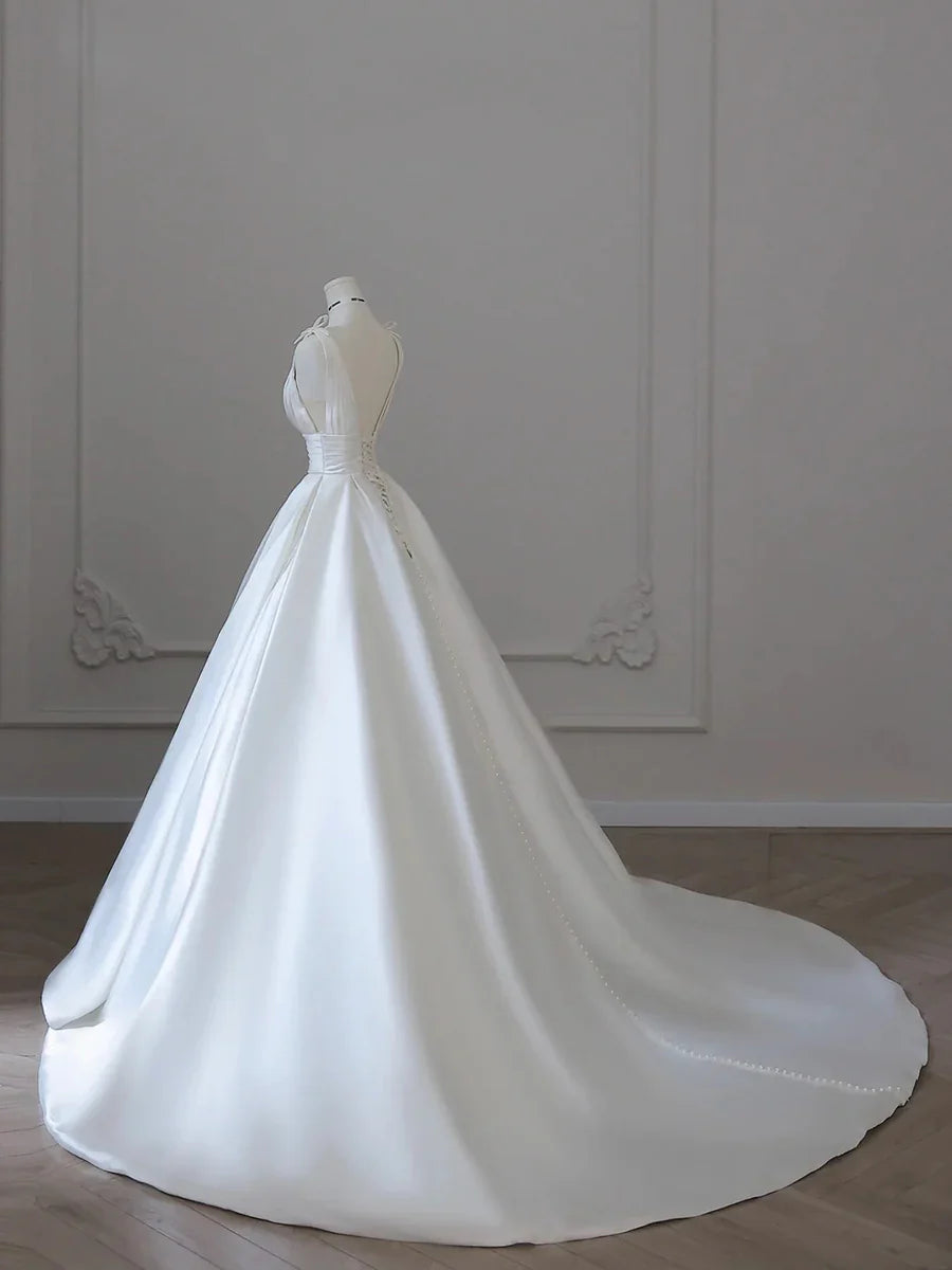 White V-Neck Satin Long Formal Dress, Elegant A-Line Wedding Party Dress TP941