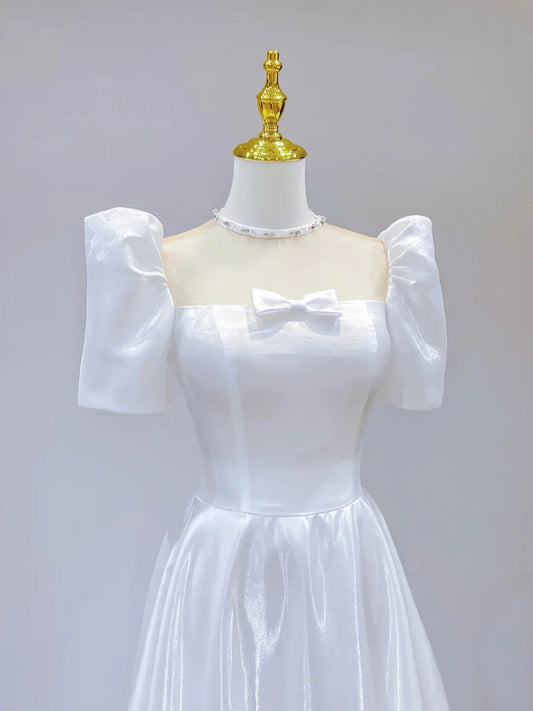 White Satin Short Sleeve Floor Length Prom Dress, White A-Line Party Dress TP942
