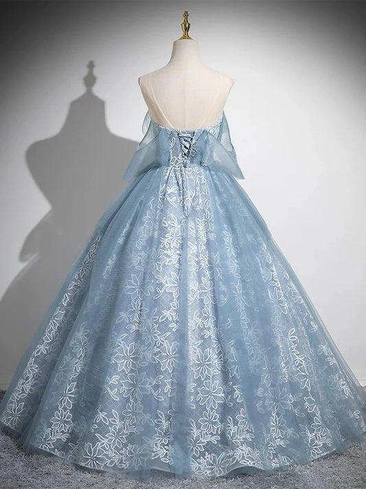 Light Blue A-line Lace and Tulle Long Party Dress, Blue Round Neckline Prom Dress TP979