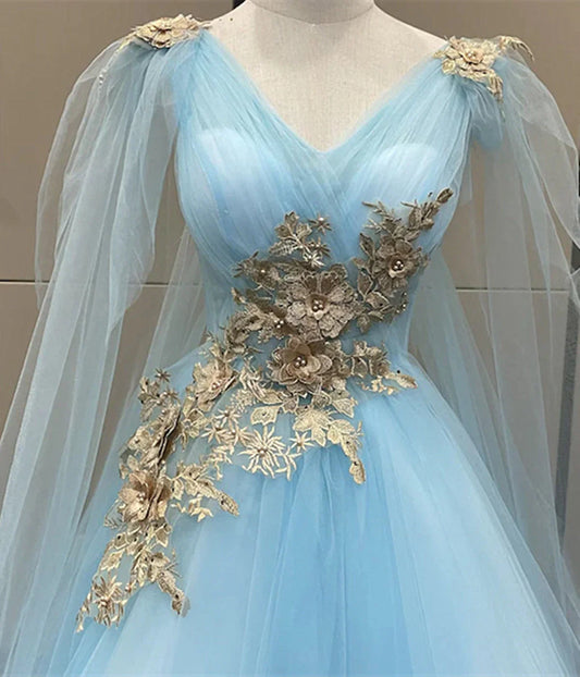 Light Blue Tulle with Gold Lace Applique Party Dress, Light Blue Prom Dress TP985