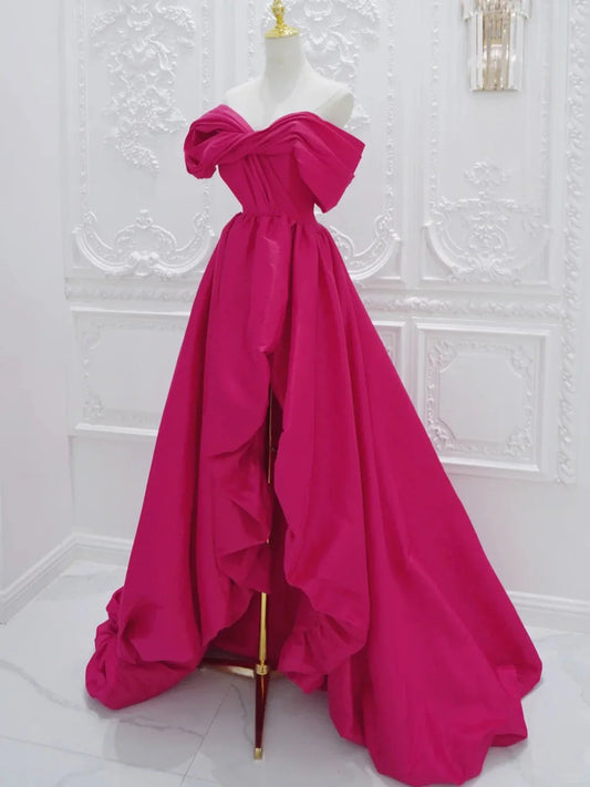 Fuchsia High Low Off Shoulder Party Dress, High Low Prom Dress Formal Dress TP990