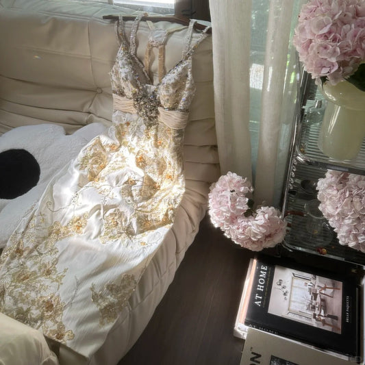 Ivory Gold Floral Beading Sparkling Short Satin Homecoming Dress Prom Dress Party Dress gh4624