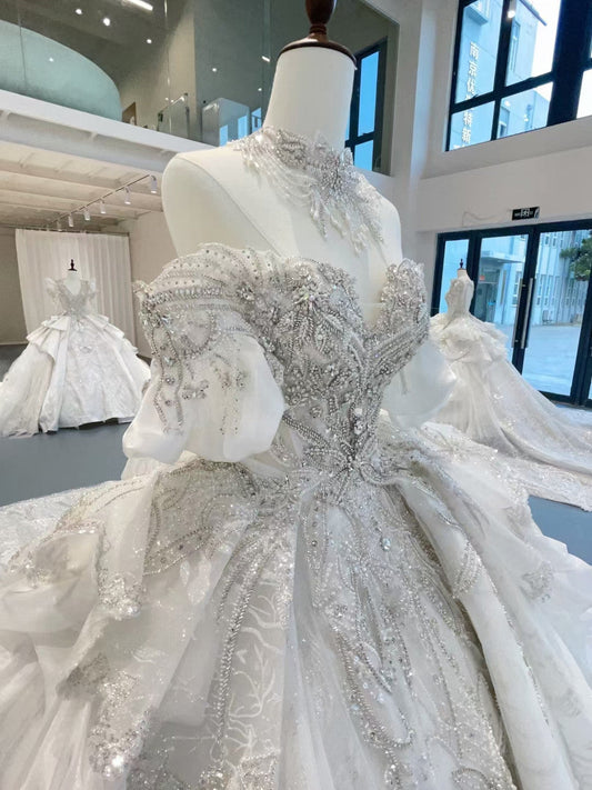 Gorgeous Beading Ruffled Tulle Off-Shoulder Wedding Dress Sparkling Fairytale Wedding Gown TP5073