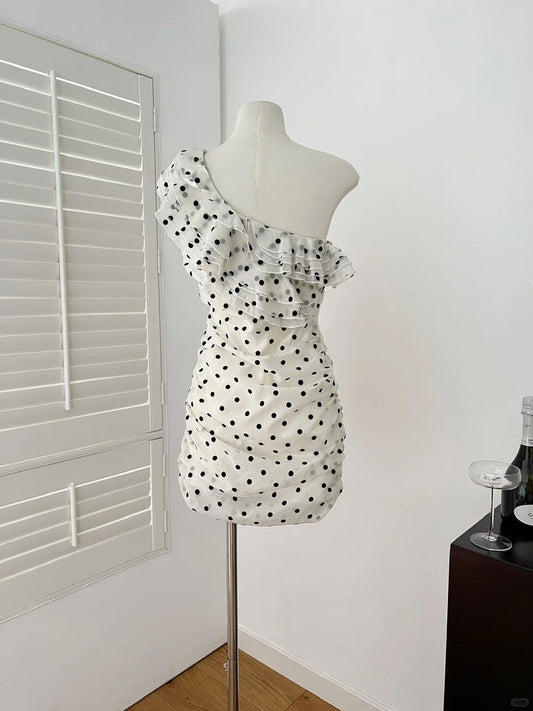 Black and white polka dot ruffled hip short homecoming dress gh4561