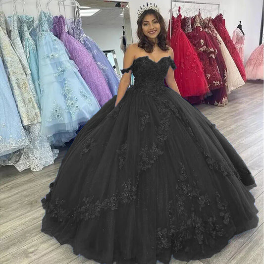 Off the Shoulder Flowers Beaded Purple Ball Gown Quinceanera Dresses fg4350