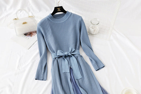 Two piece set of net red winter dress with mesh bottom skirt 2347