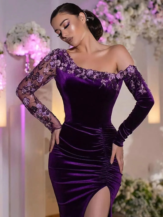 Purple Elegant Velvet One-Shoulder Lace Side-Slit Mermaid Long Bridesmaid Dress Prom Dress fg3851