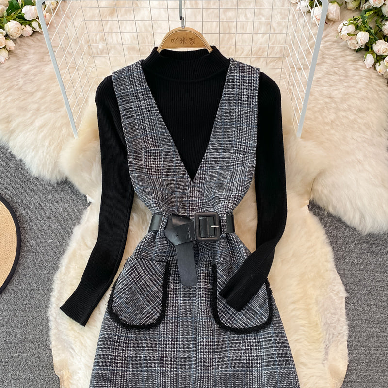 Woolen vest dress two piece stand collar knit bottoming shirt 3771