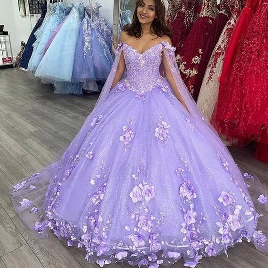 Lavender Flowers Tulle Sweetheart Ball Gown Quinceanera Dresses With Cape