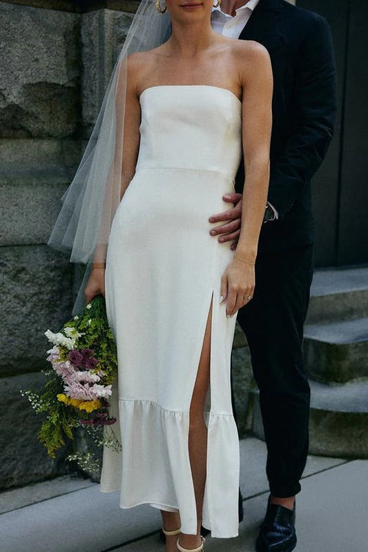 Simple Satin Sheath Midi Wedding Dress With Slit