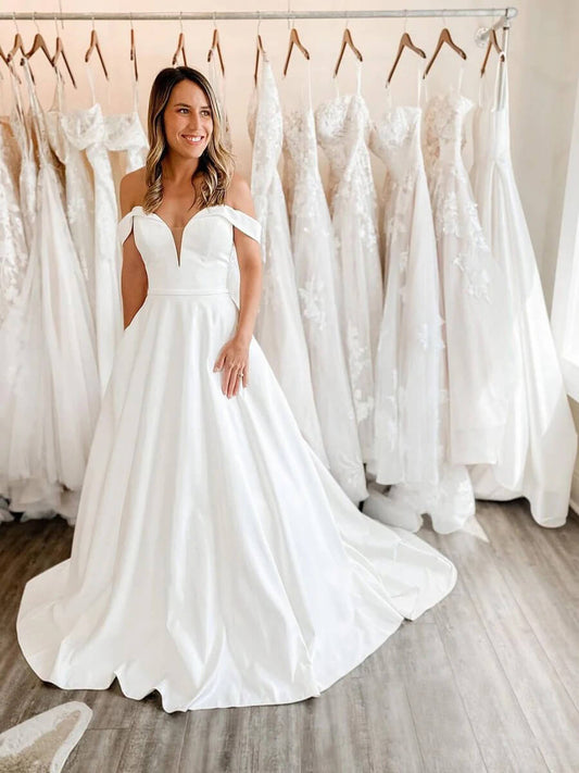 Unique Off the Shoulder Satin Wedding Dresses Chapel Train