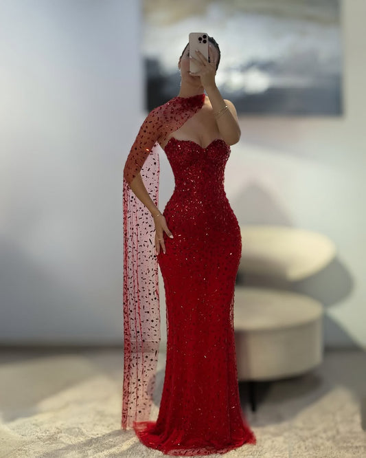 Sparkly Red Prom Dresses Long Full Crystal Formal Outfit with Scarf