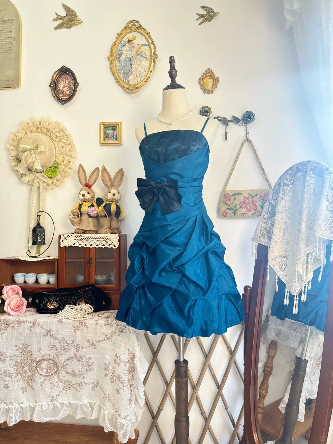 amakanas-Lake blue bud dress vintage short satin homecoming dress birthday dress gh5216