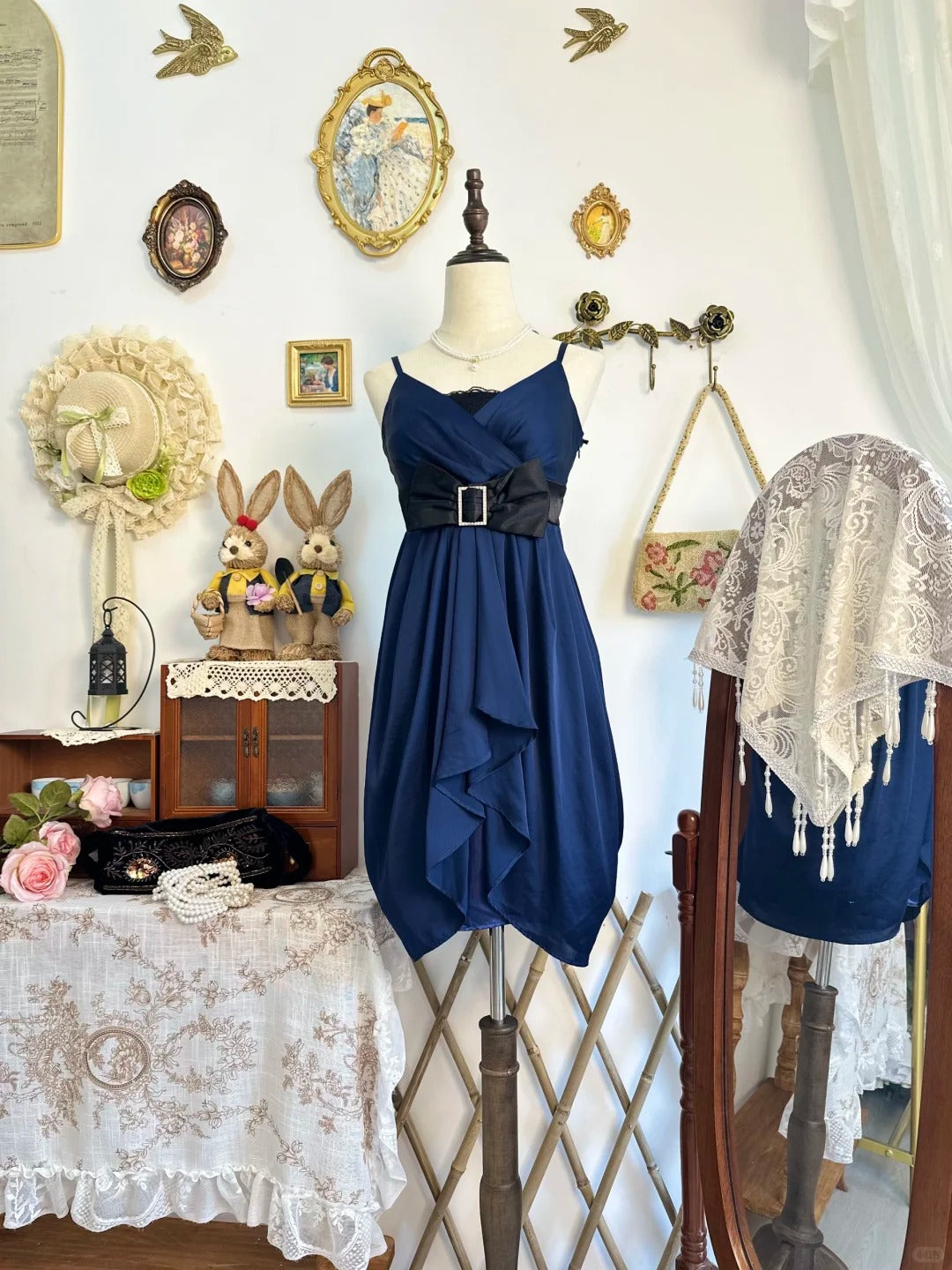 amakanas-Navy blue bow vintage short satin homecoming dress birthday dress gh5221