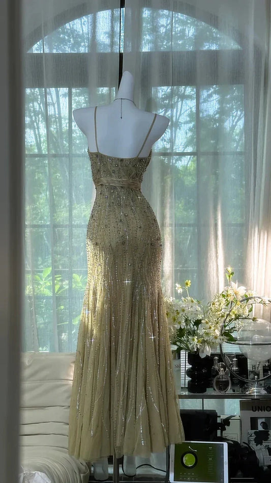 Gold Grass Green Vintage Beading Long Elegant Chiffon Homecoming Dress Ball Dress Evening Dress Birthday Party Dress Date Dress Prom Dress gh4681