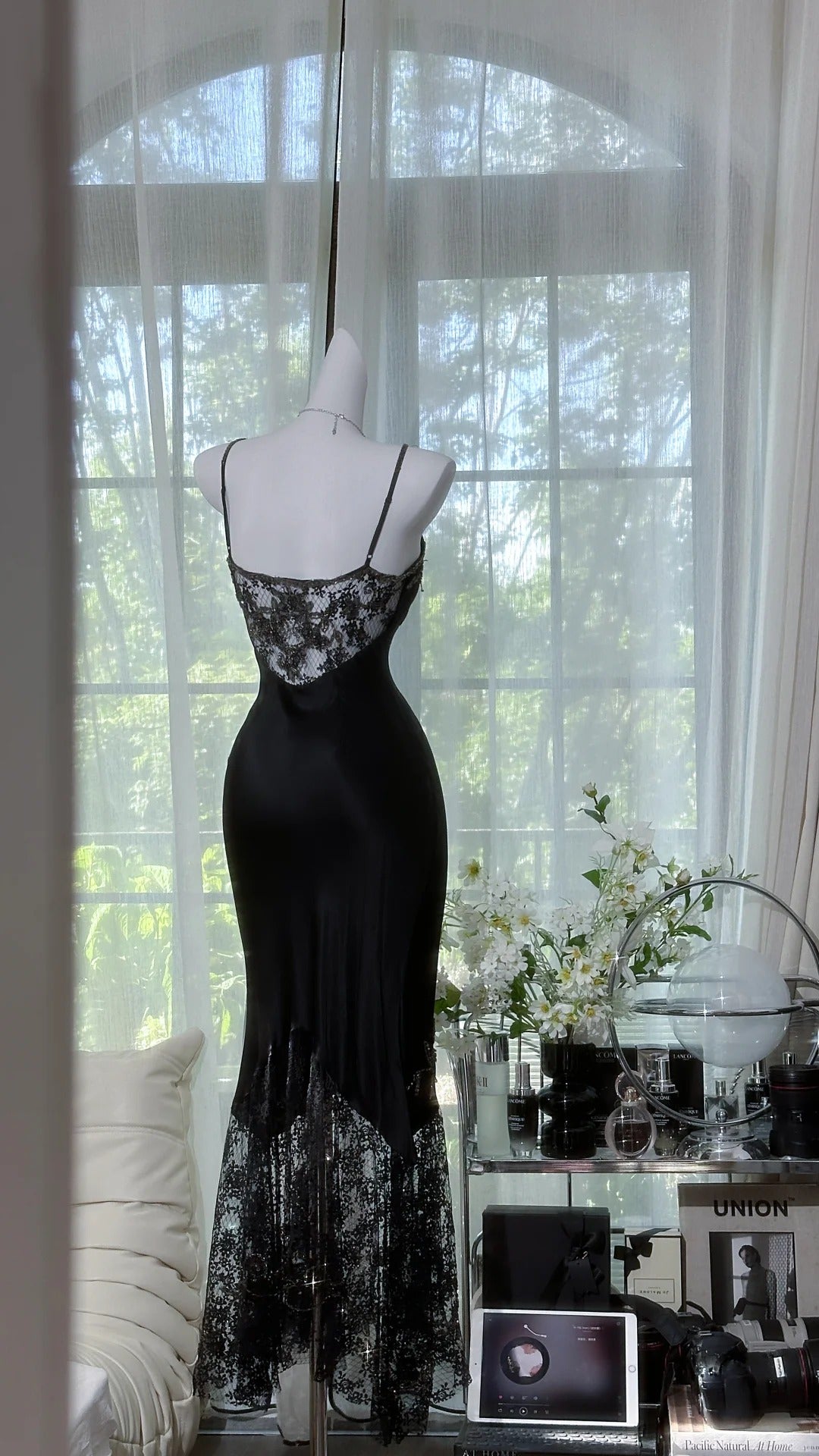 Black shiny vintage exquisite beaded satin lace long homecoming dress prom dress evening dress party dress gh4823