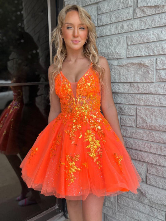 A-Line Orange V Neck Applique Short Homecoming Dress Formal Dresses