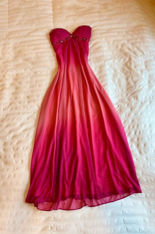 amakanas-Vintage Gradient Magenta Strapless Glitter Long Evening Gown gh6009