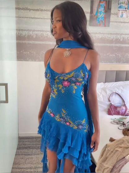 Unique A Line Spaghetti Strap Beaded Embroidered Ruffle Blue Chiffon Homecoming Dress SH2357