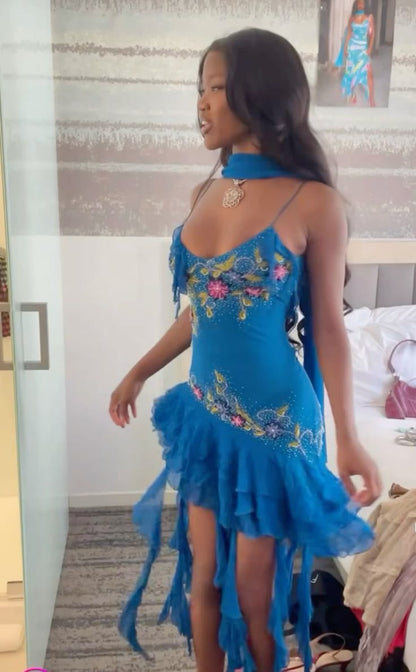 Unique A Line Spaghetti Strap Beaded Embroidered Ruffle Blue Chiffon Homecoming Dress SH2357