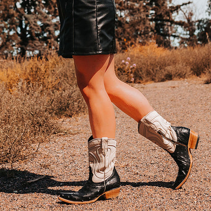 Black & White Pointed Toe Chunky Heel Embroidered Western Boots