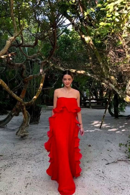 Red/Yellow a-line ruffled long Chiffon ball gown prom dress evening dress wedding guest party dress gh2951