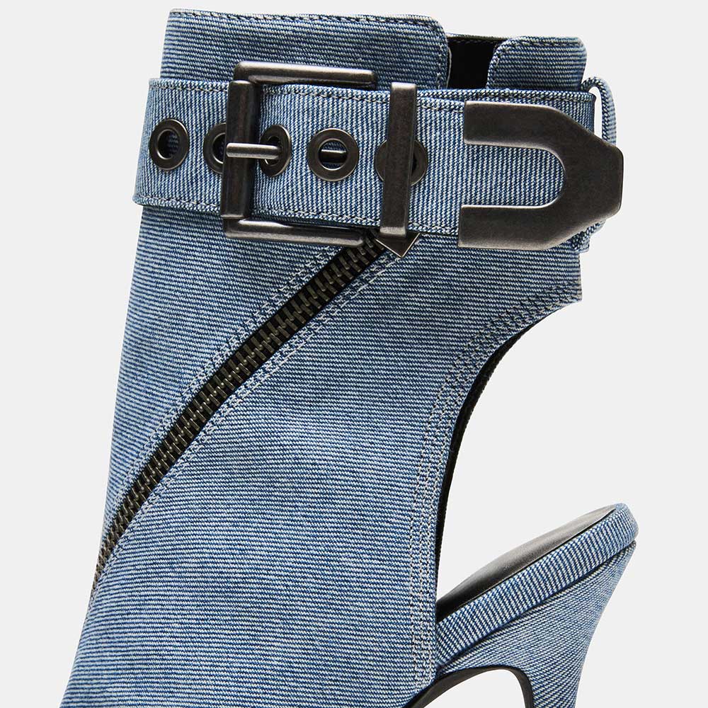 Denim Pointed Stiletto Heel Zipper Peep Toe Ankle Boots with Buckle