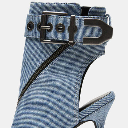Denim Pointed Stiletto Heel Zipper Peep Toe Ankle Boots with Buckle