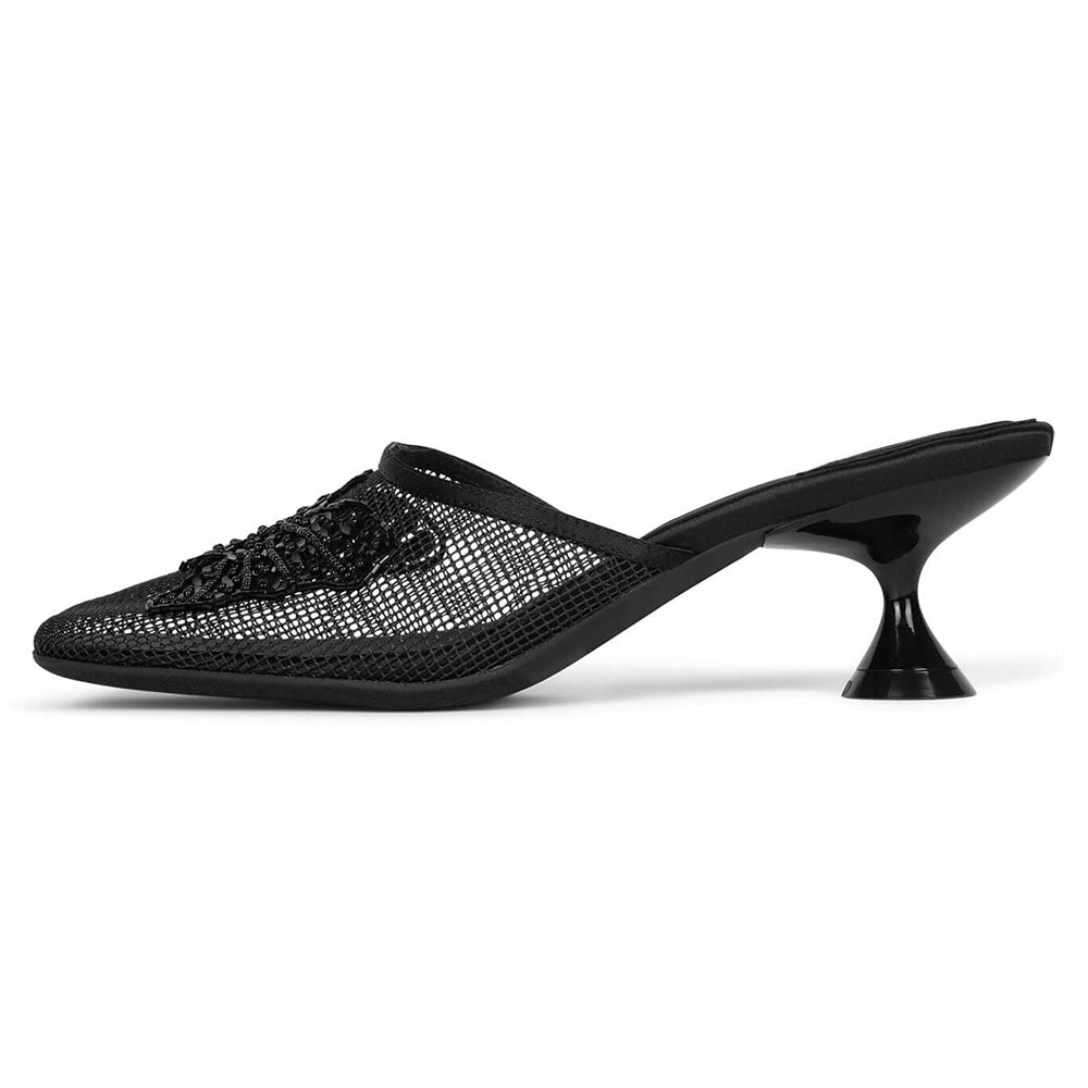 Black Fishnet Square Toe Kitten Heel Sequin Wide Band Mules Shoes