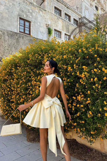 amakanas-Yellow fashion sweet backless elegant short satin homecoming dress birthday dress gh5268