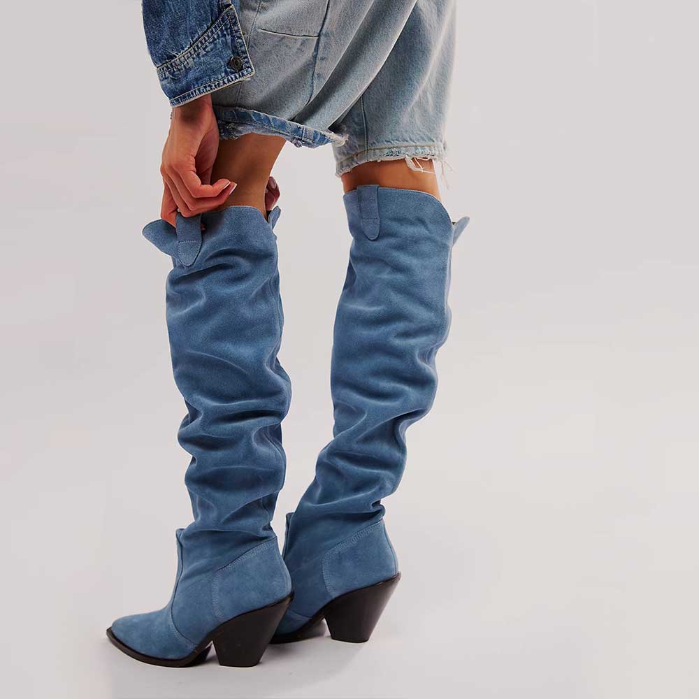 Blue Denim Pointed Toe Chunky Heel Over-the-Knee Slouch Boots
