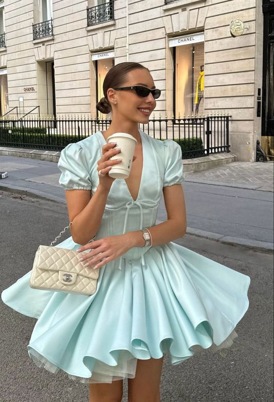 amakanas-Light blue fashionable V-neck A-line puff sleeve short satin homecoming dress birthday dress gh5289