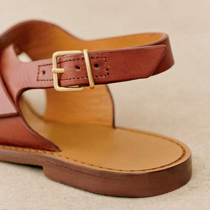 Brown Round Toe Flat Vintage Buckle Ring Strap Sandals