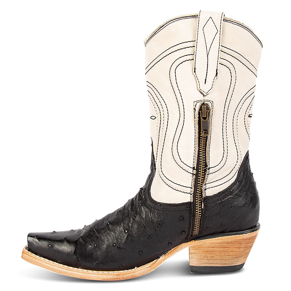 Black & White Pointed Toe Chunky Heel Embroidered Western Boots