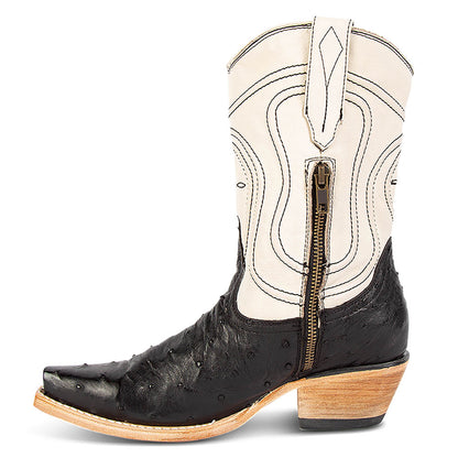 Black & White Pointed Toe Chunky Heel Embroidered Western Boots