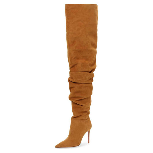 Tan Pointed Toe Stiletto Heel Pull-On Over The Knee Boots
