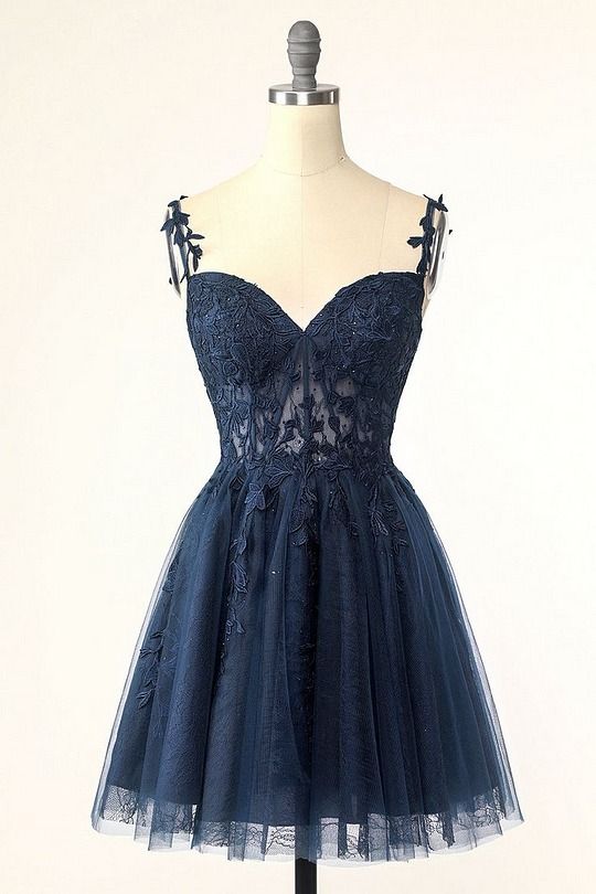 Navy Blue Applique Tulle Homecoming Dresses, AST1073