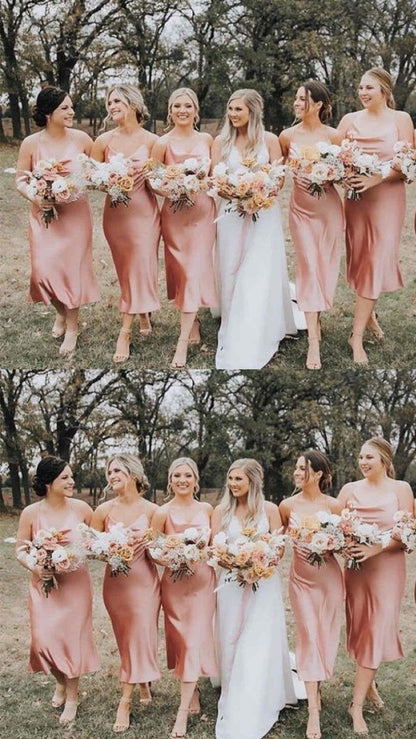 Spaghetti Straps Satin Tea Length Champagne Bridesmaid Dress