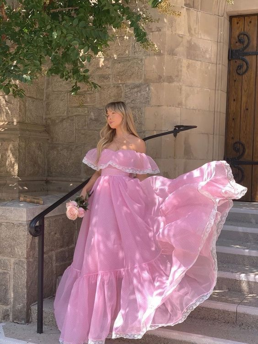 Pink Tulle Off The Shoulder Lace  Long Prom Dress，Elegant Evening Dress SH716