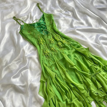 Green flowers exquisite beaded short/mid-length chiffon ruffle homecoming dress birthday party dress gh4862