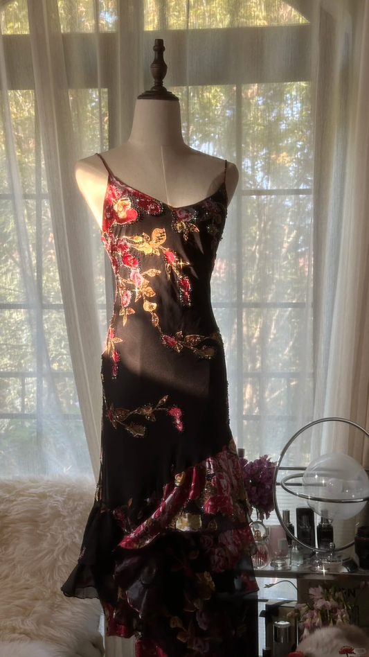 Vintage Black Spaghetti Strap Floral Design Romantic Chiffon Evening Dress Prom Dress TP4019