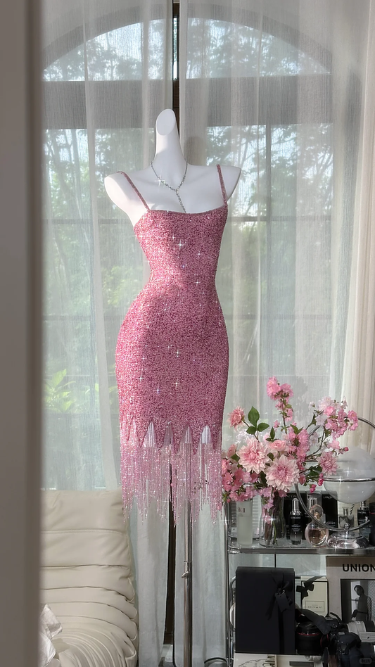 Vintage Pink Sparkling Sequin Spaghetti Strap Tassels Hem Romantic Evening Dress Prom Dresses TP4151