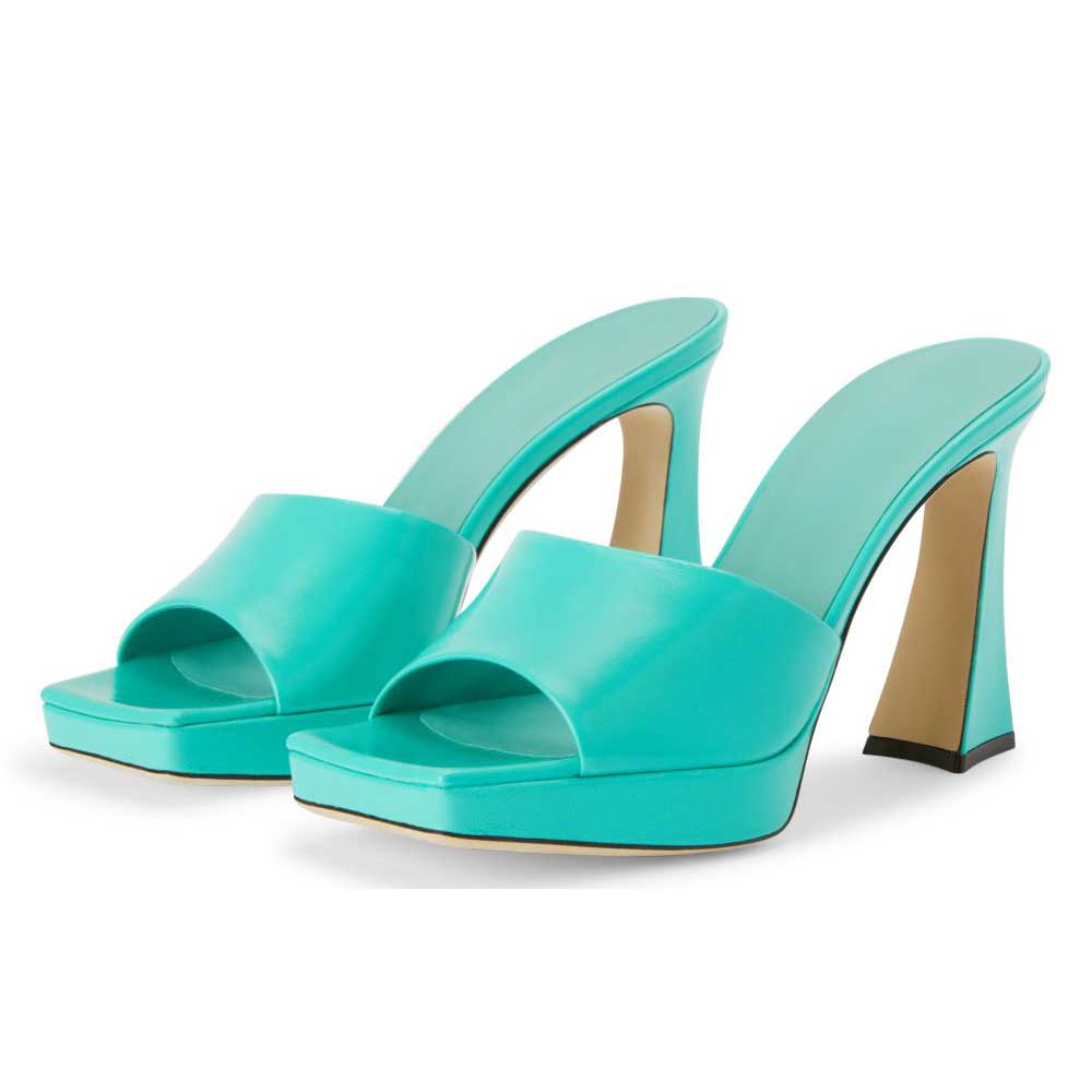 Fashion Turquoise Square Toe Flared Heel Platform Mules for Women