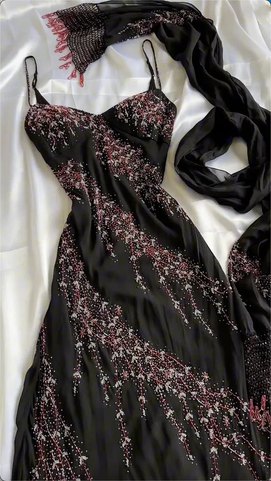amakanas-Black Beaded Sling Gown with Matching Silk Scarf, Irregular Hem Evening & Party Dress gh6000